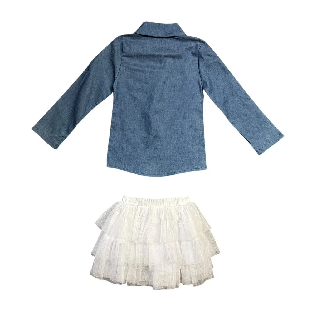Kids Girls M 3PC Outfit Light‎ Blue Denim Button Up Casual Playwear